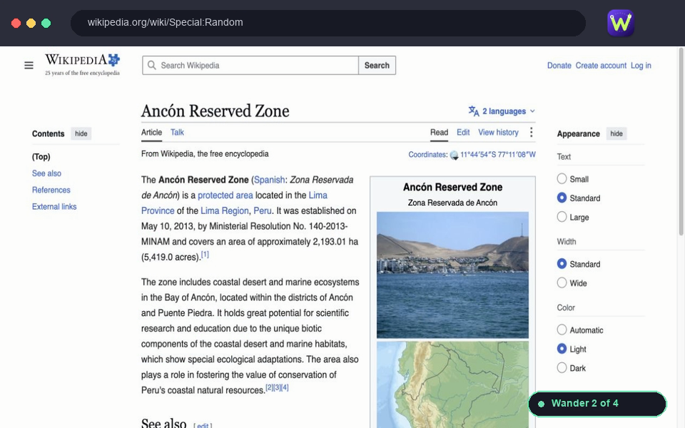 A Web Wander result showing a random Wikipedia article